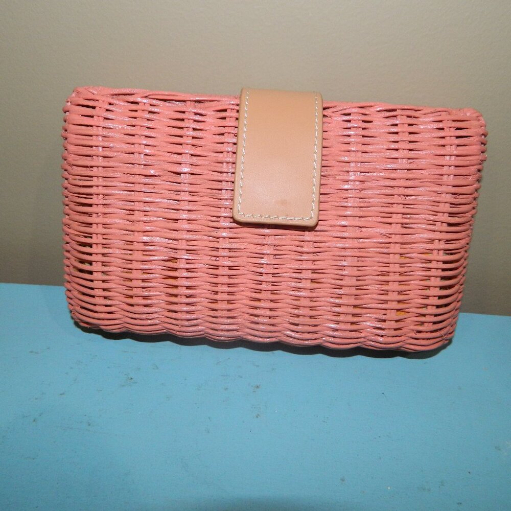 Mark & Graham Wicker and Leather Coral Clutch